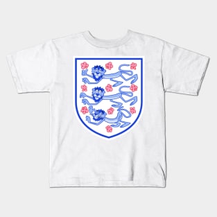 Three lions 3 lions with English pink tudor roses, plus cartoon panther on a blue shield Kids T-Shirt